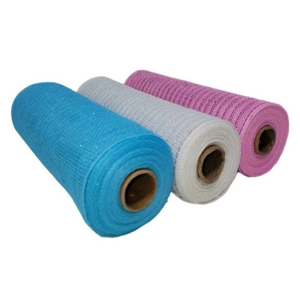 Pink, Baby Blue and White 10" Wide Metallic Poly Mesh Ribbon Rolls, 10 Yards